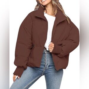 Brown Puffer Coat Warm Quilted Zip Up Jacket NEW